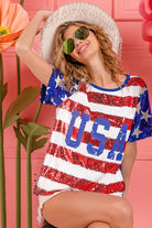 BiBi American Flag Theme USA Lettering Sequin Top