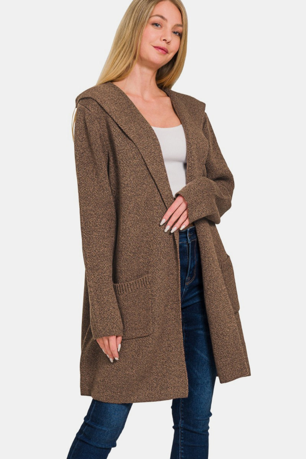 Zenana Brown Hooded Open Front Sweater Cardigan Brown Cardigan