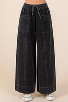 Mittoshop Black Mineral Washed Wide Leg Elastic Waist Twill Pants BLACK