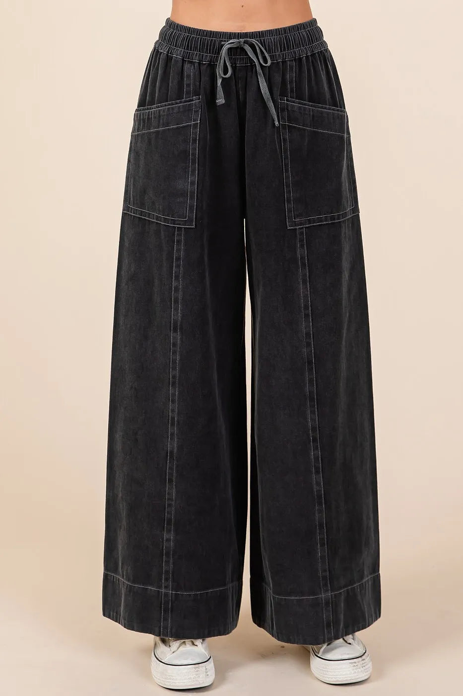 Mittoshop Black Mineral Washed Wide Leg Elastic Waist Twill Pants BLACK