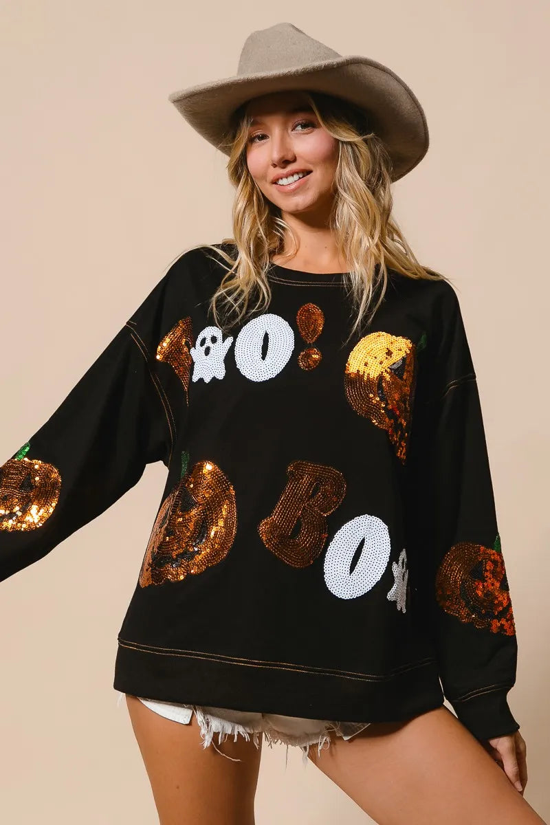 BiBi Black Halloween Theme Sequin Embroideries Sweatshirt