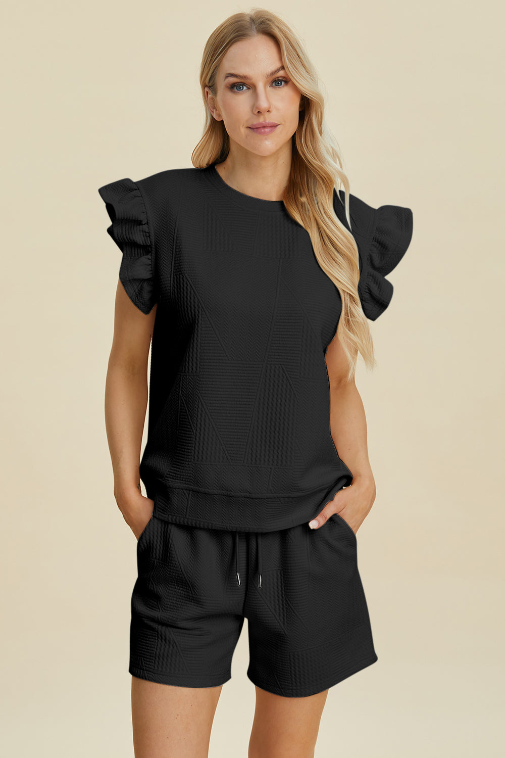 Double Take Geometric Textured Round Neck Ruffle Sleeve Top and Shorts Set Black Loungewear