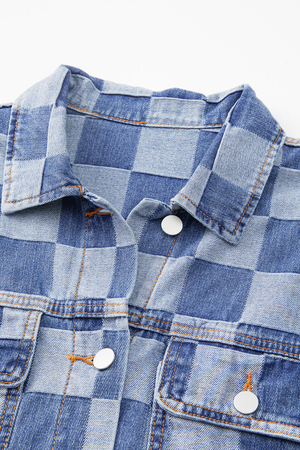 Light Blue Checkered Patchwork Button Up Denim Jacket Shewin