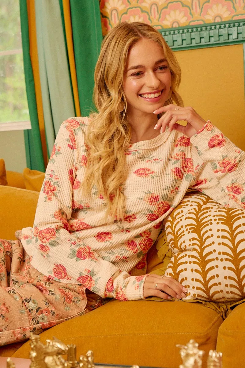 BiBi Oatmeal Floral Print Washed Waffle Thermal Top With Thumb