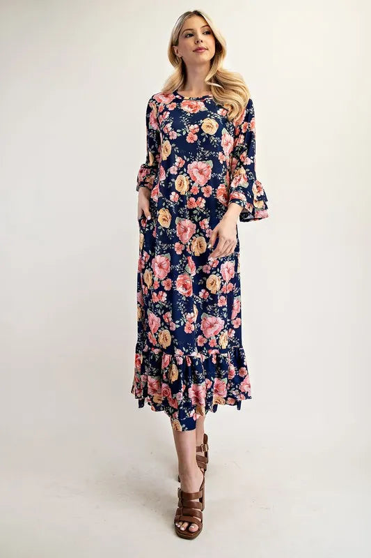Celeste Soft Navy Floral Ruffle Trim Dress