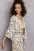 POL Floral Lace Short Sleeve Crochet Cardigan with Tassel Tie