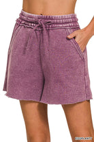 Zenana Eggplant Acid Wash Fleece Drawstring Shorts With Pockets