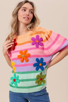 BiBi Apricot Multi Color Flower Patch Puff Sleeve Striped Sweater Trendsi