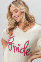 BiBi Ivory Bride Metallic Letter Short Puff Sleeve Hairy Sweater