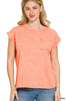 Zenana Coral Crinkle Washed Round Neck Folded Short Sleeve Tee CORAL