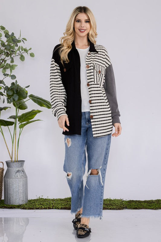 Celeste Black Striped Button Up Dropped Shoulder Shacket