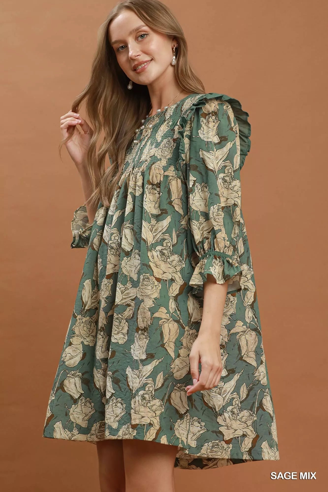Umgee Sage Mix Floral Print Smocked Ruffle Detail Flowy Dress
