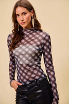 SO ME Plaid Mesh Knit Long Sleeve Top with Thumb Opening