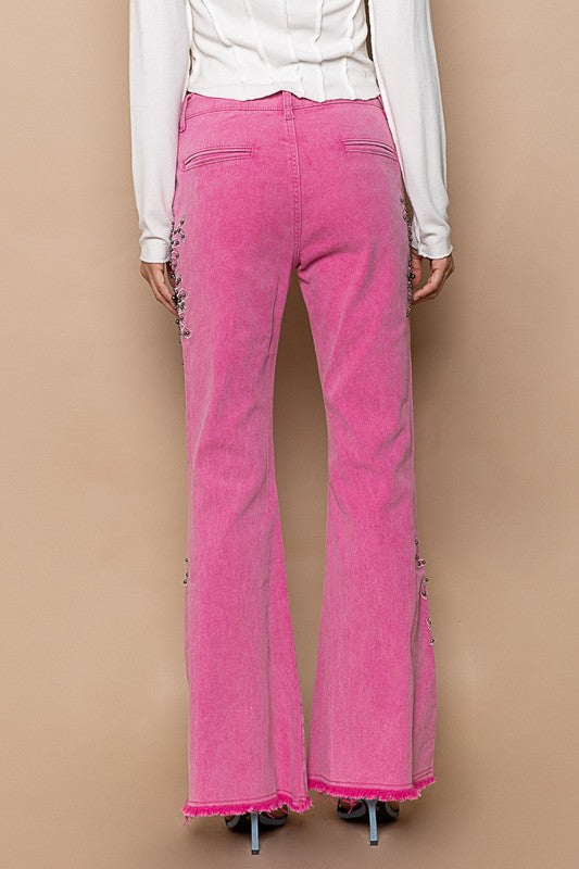 POL Hot Pink Raw Hem Contrast Embroidered Stretchable Twill Flare Pants Jeans