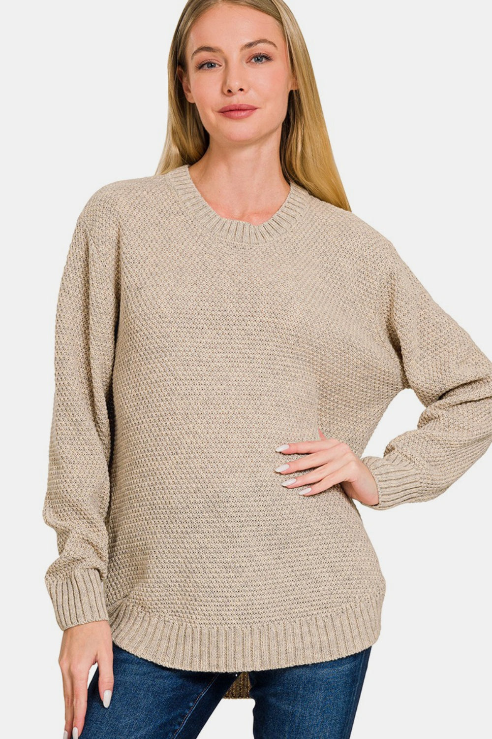 Zenana Heather Beige Round Neck Long Sleeve Curved Hem Sweater Trendsi