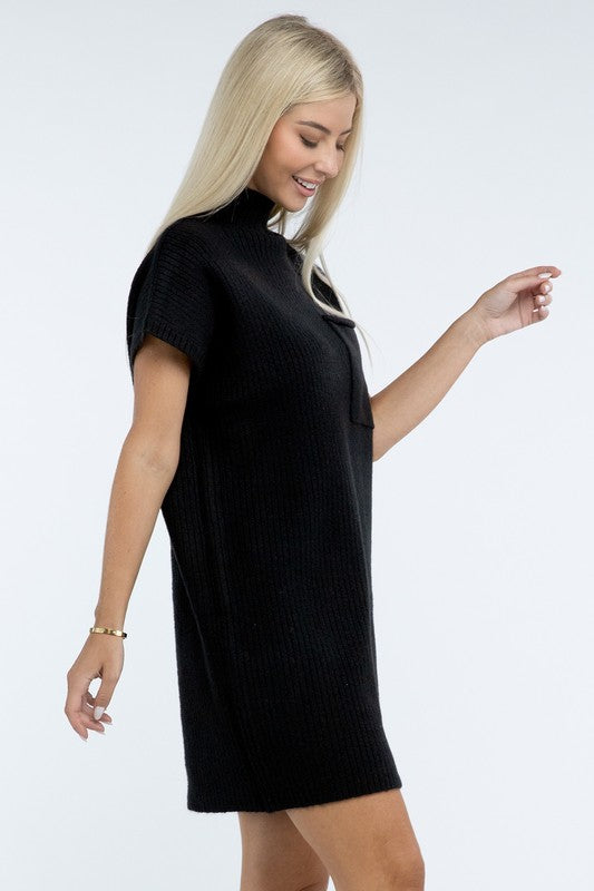 Zenana Mock Neck Short Sleeve Sweater Dress with Pocket in 6 Colors! ZENANA