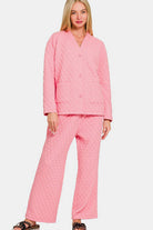 Zenana Dark Pink Quilted Button Up Long Sleeve Top and Pants Lounge Set Dk Pink Loungewear