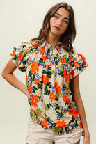 BiBi Cream & Multi Color Floral Print Woven Ruffle Sleeve Blouse