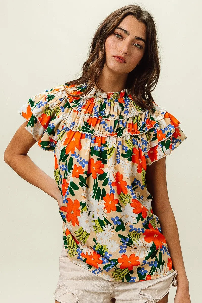 BiBi Cream & Multi Color Floral Print Woven Ruffle Sleeve Blouse