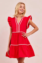 BiBi Red Game Day Theme Contrast Binding Ruffled Dress
