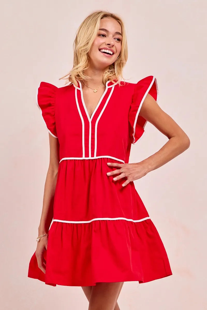 BiBi Red Game Day Theme Contrast Binding Ruffled Dress