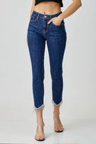 RISEN Dark Washed Embellished Mid Rise Crop Skinny Jeans Trendsi