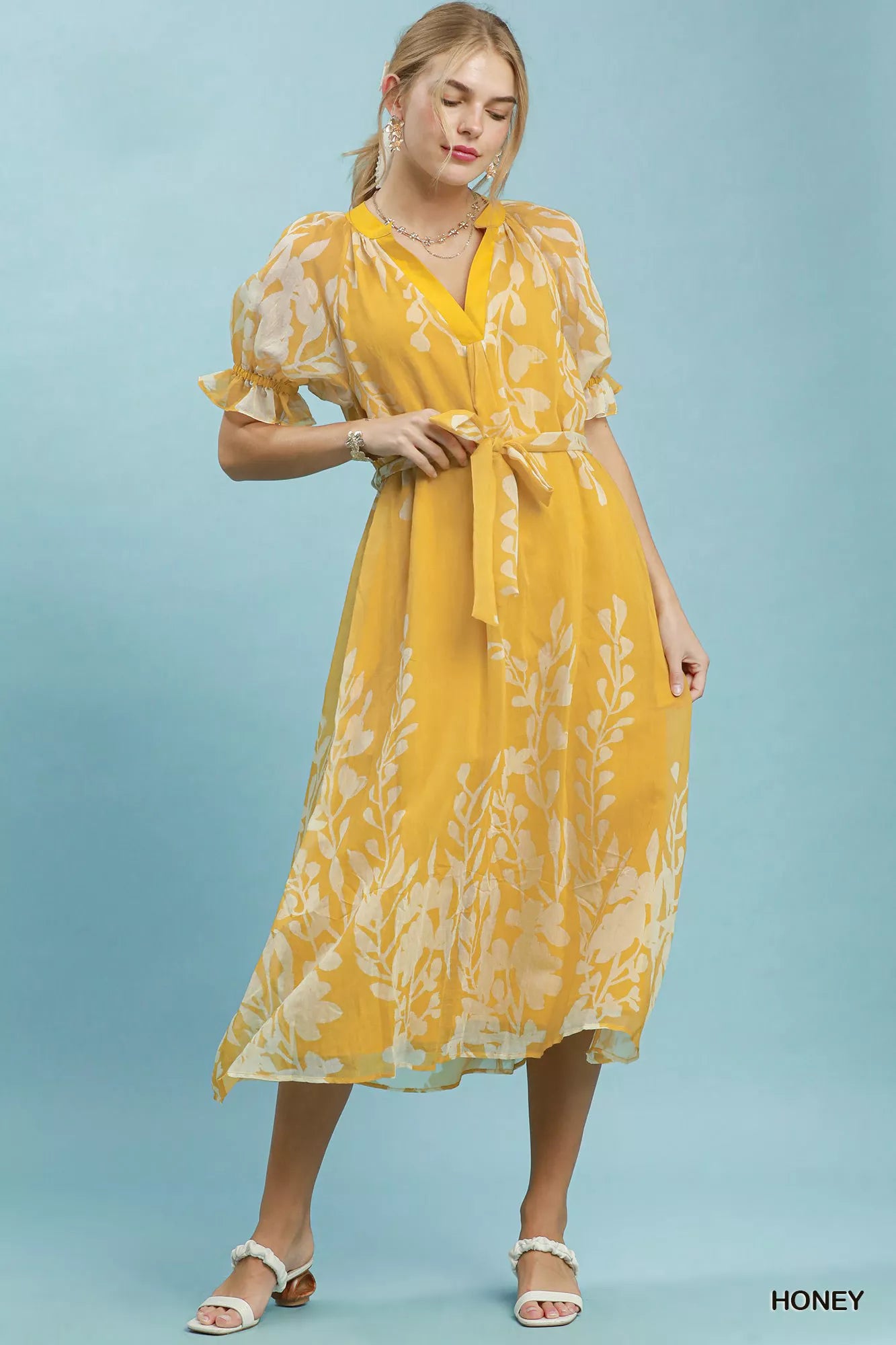 Umgee Honey Floral Print Tie Waist Midi Dress with Side Pockets HONEY