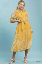Umgee Honey Floral Print Tie Waist Midi Dress with Side Pockets HONEY