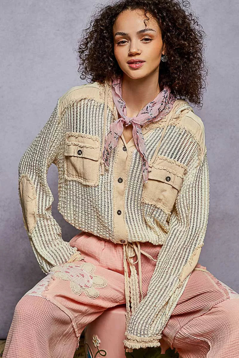 POL Cream Multi Texture Woven Button Down Hooded Shirt with Drawstring Hem