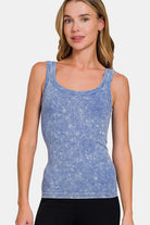 Zenana Light Indigo Stone Washed Ribbed Scoop Neck Tank Top Light Indigo