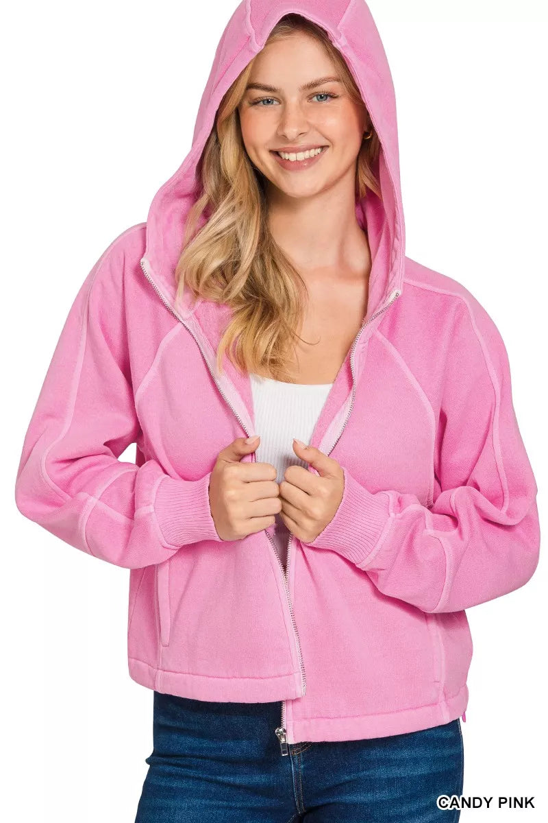Zenana Candy Pink Fleece Pigment Dye Zip Up Hoodie with Pockets