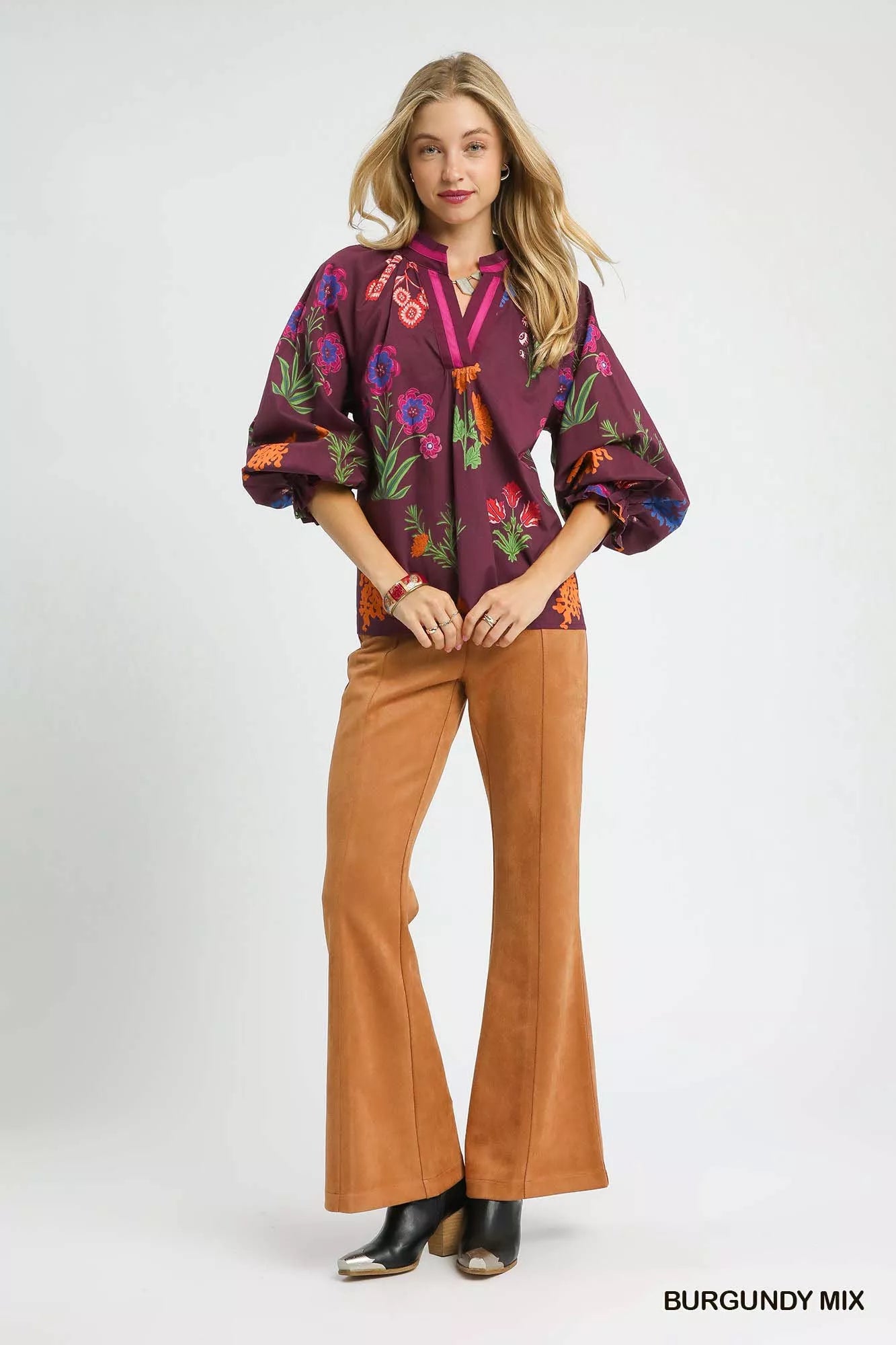 Umgee Burgundy Mix Floral Print Flounce Sleeve Blouse