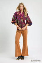 Umgee Burgundy Mix Floral Print Flounce Sleeve Blouse