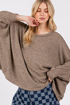 SAGE + FIG Round Neck Batwing Sleeve Oversize Top in Coffee Brown Coffee Brown Shirts & Tops