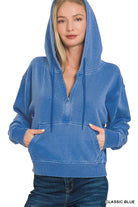 Zenana Fleece Pigment Dye Half Zip Kangaroo Pocket Hoodie CLASSIC BLUE