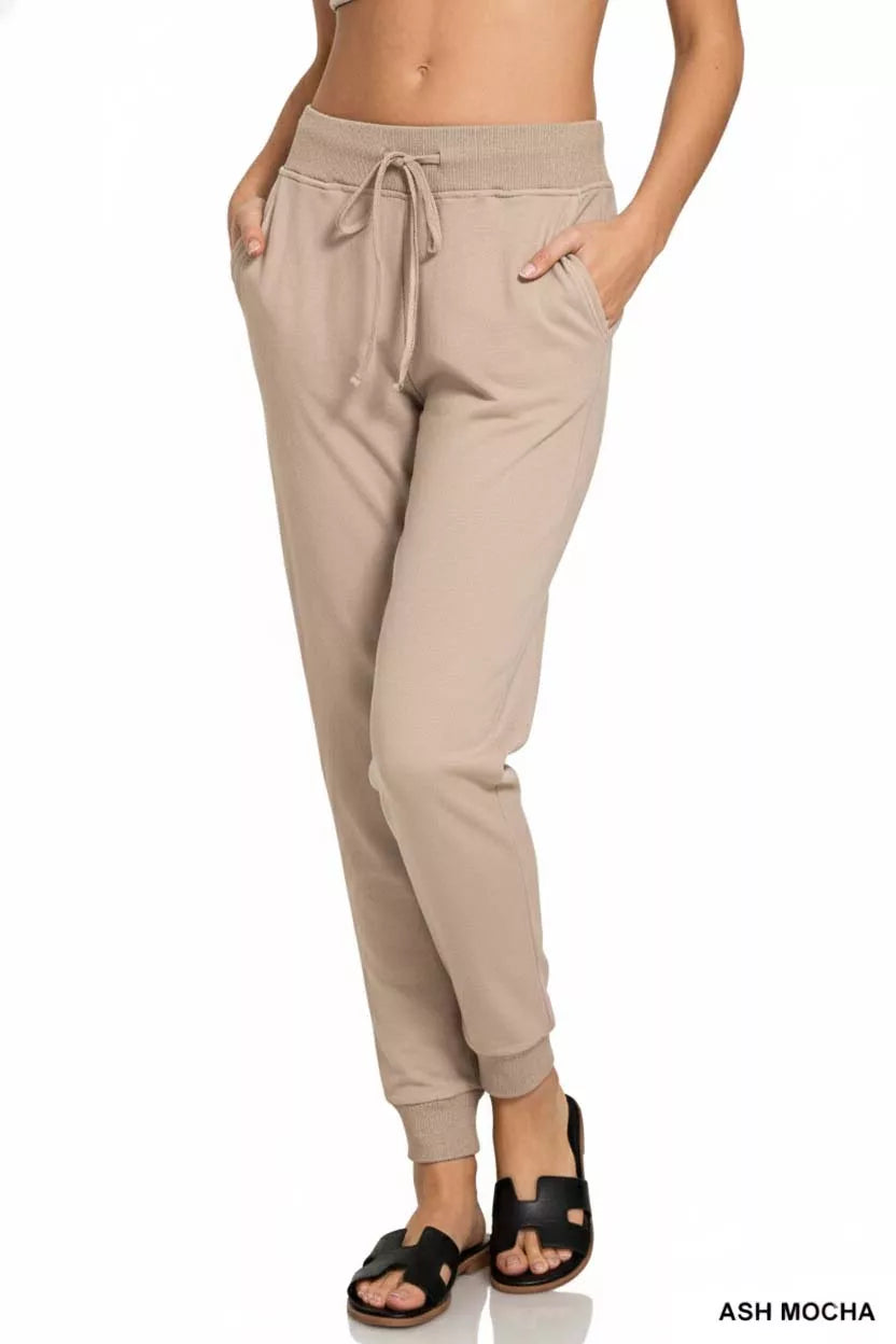 Zenana Ash Mocha Drawstring Cotton Joggers with Pockets