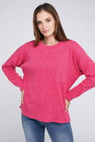 Zenana 4 Colors- Ribbed Brushed Melange Hacci Sweater with a Pocket Shirts & Tops