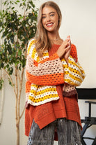 Davi & Dani Yellow & Orange Chunky Knit Openwork Open Front Striped Cardigan Trendsi