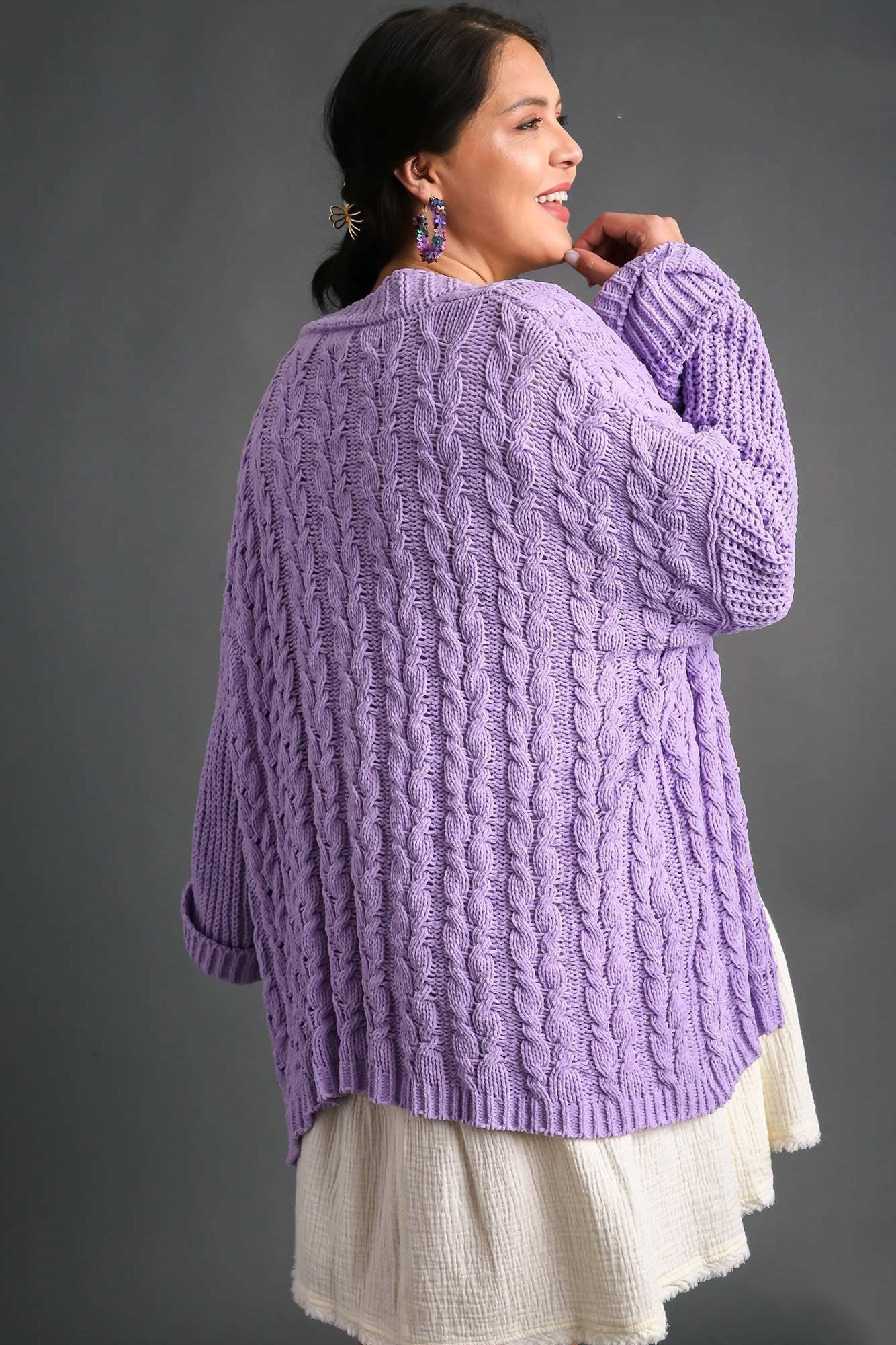 Umgee Lilac Cable Knit Open Front Long Sleeve Cardigan Cardigan