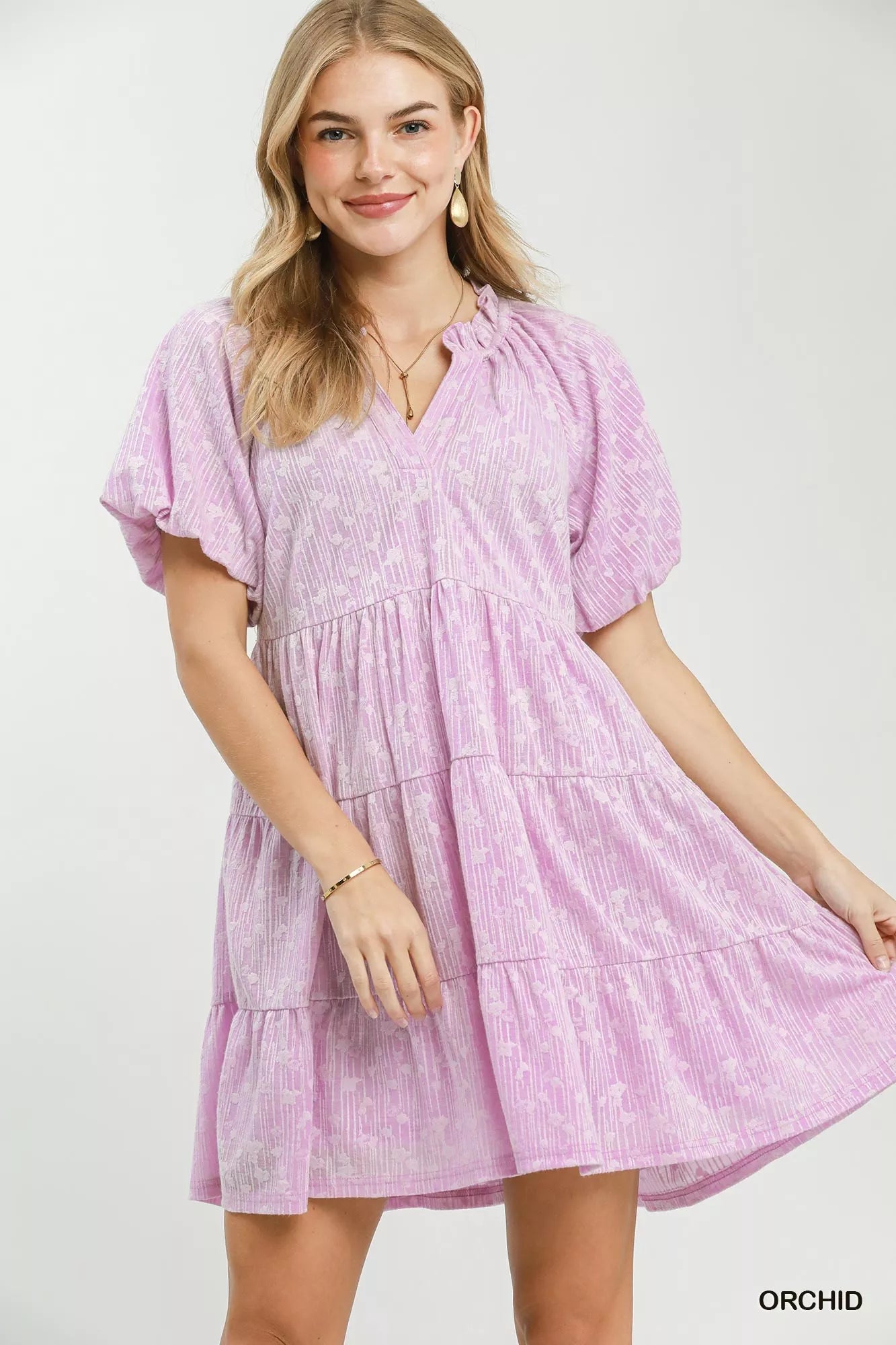 Umgee Orchid Jacquard Puff Sleeve Mini Dress ORCHID