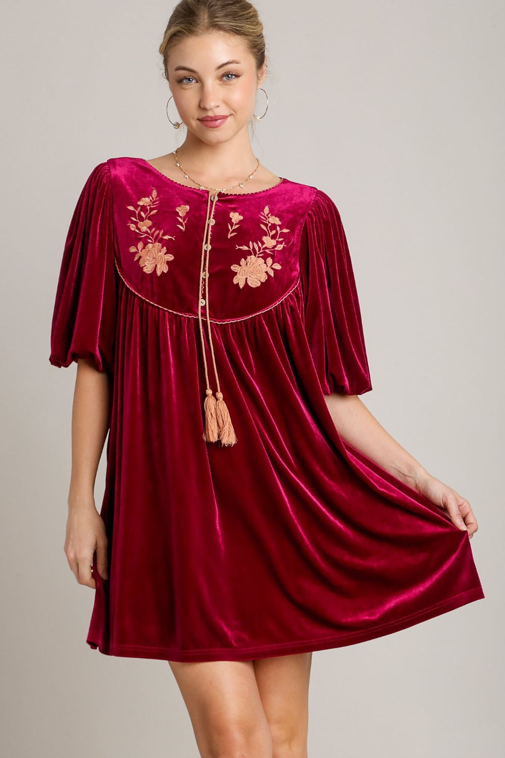 Umgee Burgundy Embroidered Half Sleeve Velvet Mini Dress with Tassel Burgundy Dresses