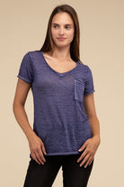 Washed Melange Burnout Scoop V-Neck Top ZENANA