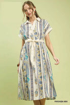 Umgee Vertical Print Tie Waist Midi Dress