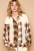 POL Plaid & Star Patchwork Contrast Long Sleeve Shacket Beige Shirts & Tops