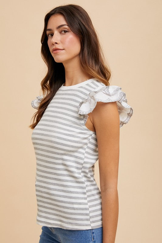 Annie Wear Light Gray Ruffled Striped Round Neck Cap Sleeve Knit Top