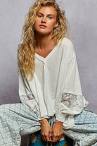 POL V-Neck Long Sleeve T-Shirt with Lace Detail White