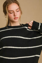 Umgee Black & Cream Wool Blend Striped Round Neck Sweater Shirts & Tops