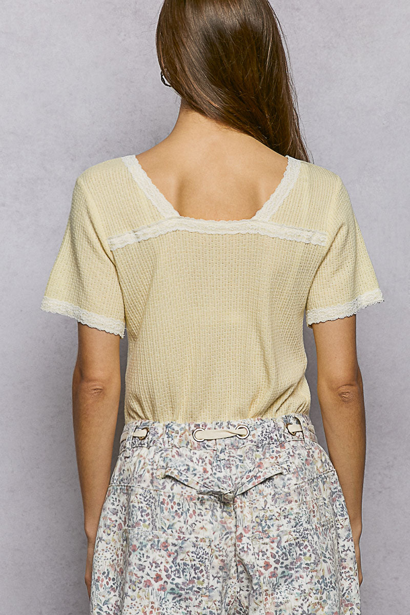 POL Lemon Lace Detail V-Neck Short Sleeve Textured T-Shirt