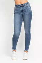 Judy Blue Medium Washed High Waist Skinny Jeans with Destroy & Shark Bit Hem MD