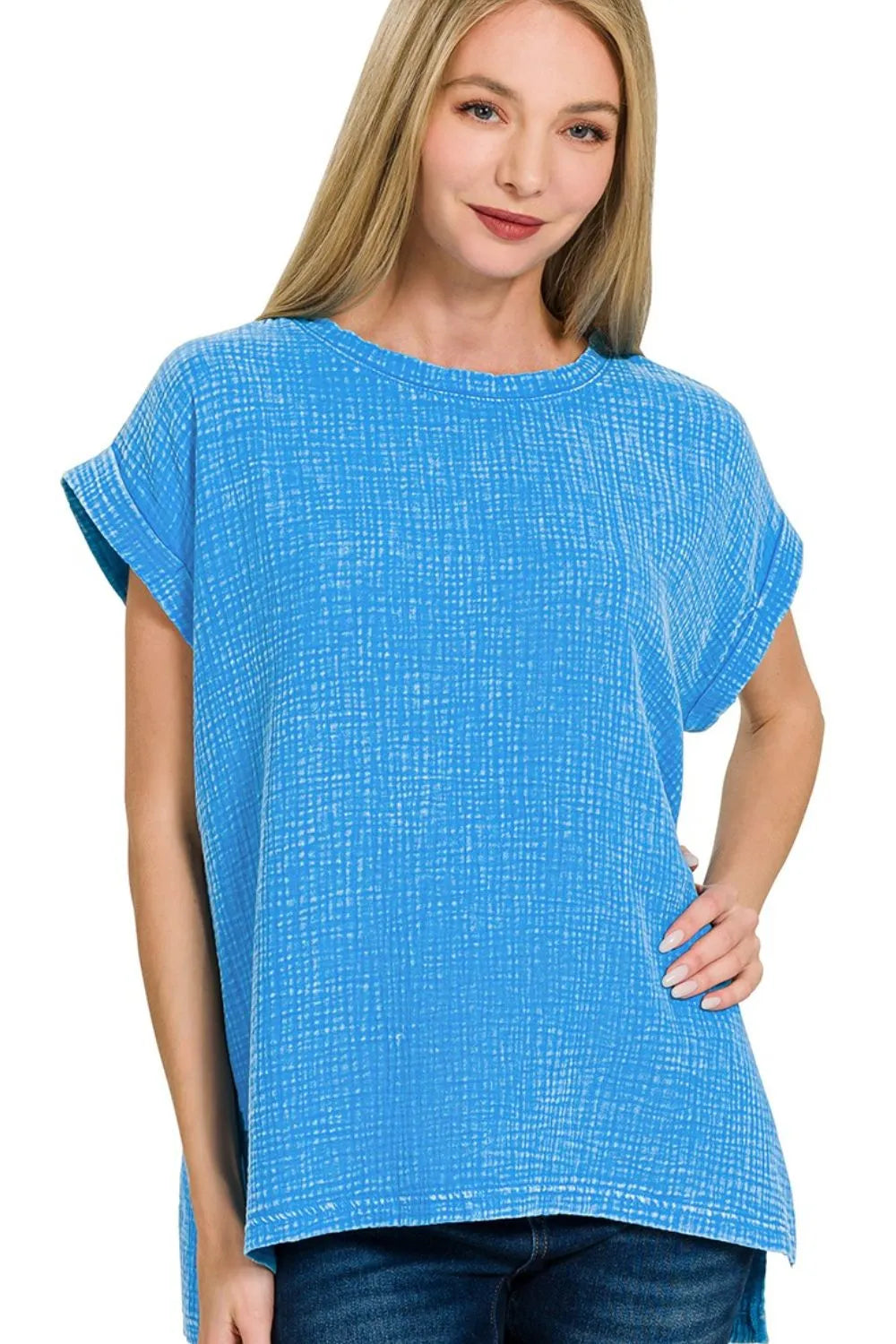 Zenana Deep Sky Woven Double Gauze Acid Washed Short Sleeve Top